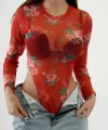 Çiçek Desen Transparan Bodysuit