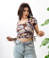 Çiçek Desen Yandan Büzgülü Crop
