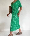 Önü Komple Dügmeli Bağcıklı Elbise