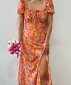 Turuncu Astarlı Çiçek Desen Elbise