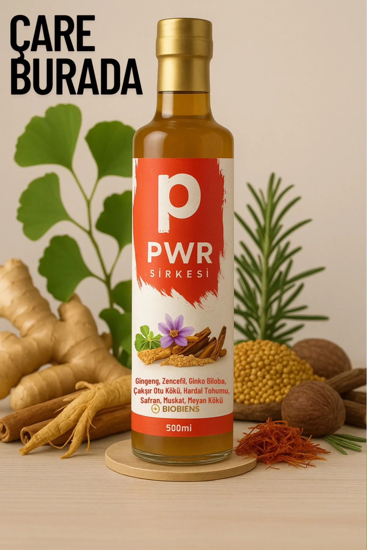 Ginseng & Meyan Kökü & Safran Sirkesi 500 ml (Muskat, Çakşır Otu Kökü, Ginko Biloba)