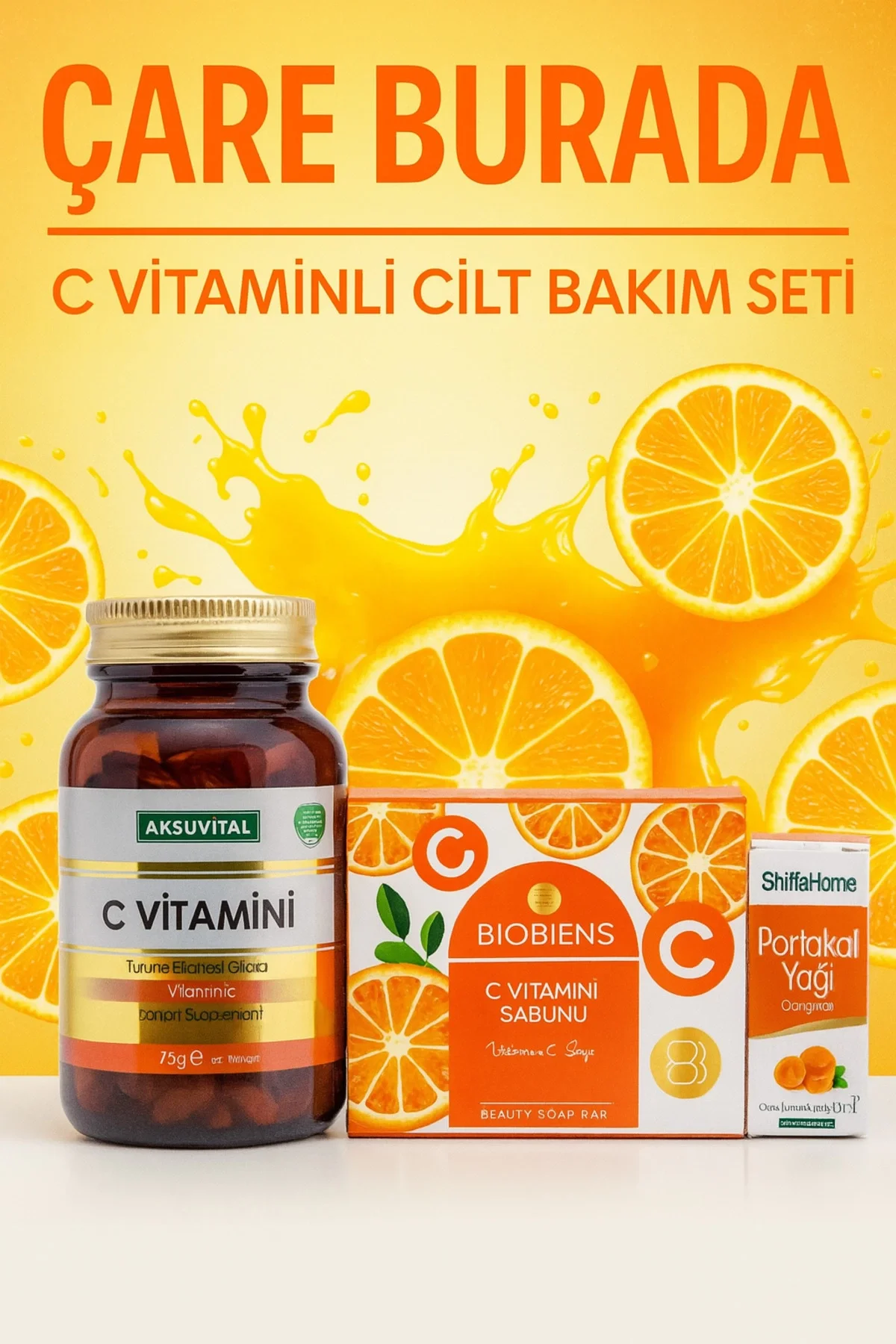 C Vitaminli Cilt Bakım Seti ( C Vitamini Kapsül & Portakal Yağı & C Vitamini Sabun)