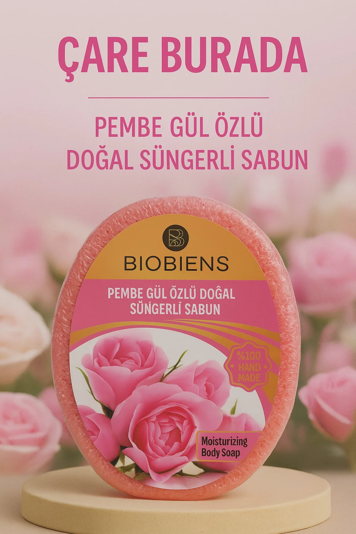 Biobiens - Pembe Gül Özlü Doğal Süngerli Sabun 135 gr
