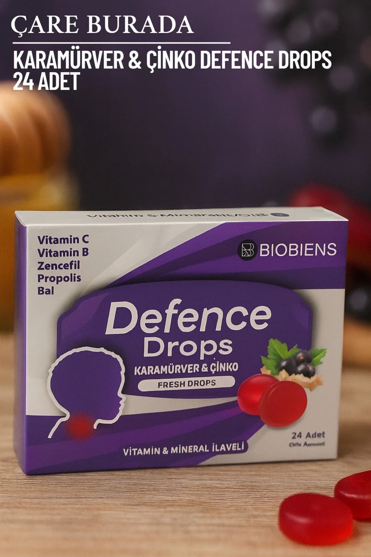 Biobiens - Karamürver & Çinko Pastil 24 Adet ( Propolis & Zencefil & Vitamin B)