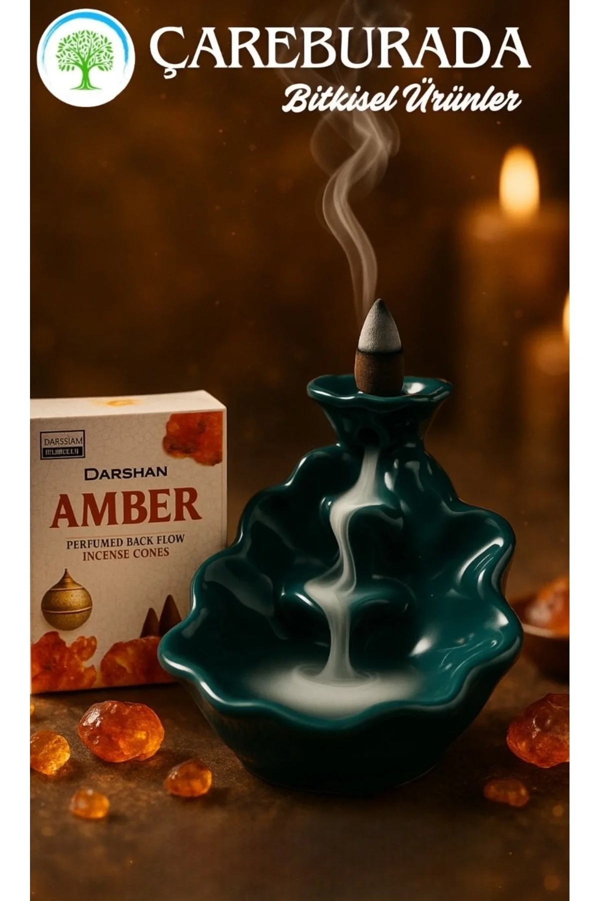 Darshan Amber Geri Akış Tütsüsü + Yaprak Şelale Seramik Tütsülük