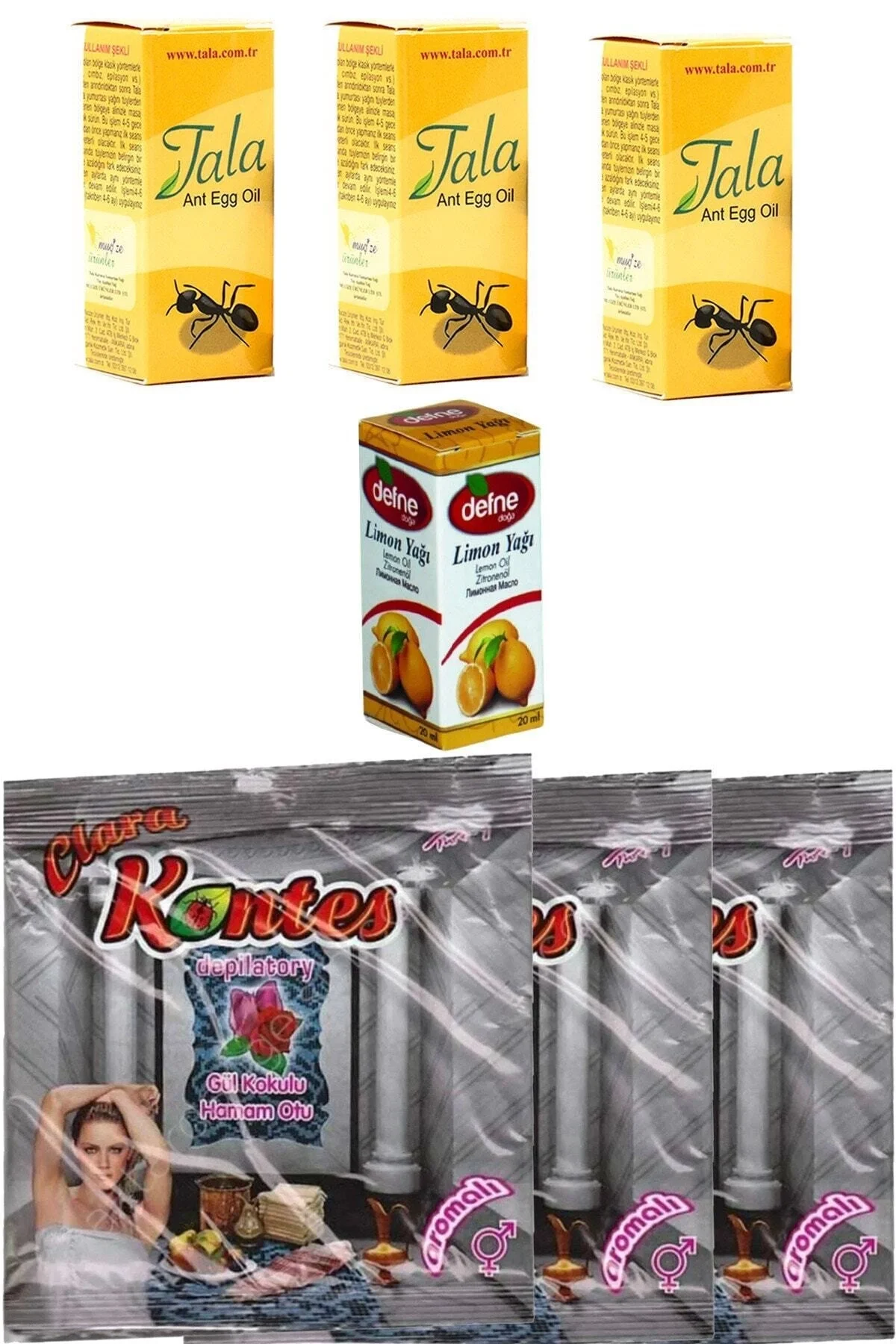 Aktarfan Unisex Vücut Bakım Seti 3 Adet Karınca Yumurta Yağı 3 Adet Hamam Tozu Tüy Dökücü 1 Lmn Yağı