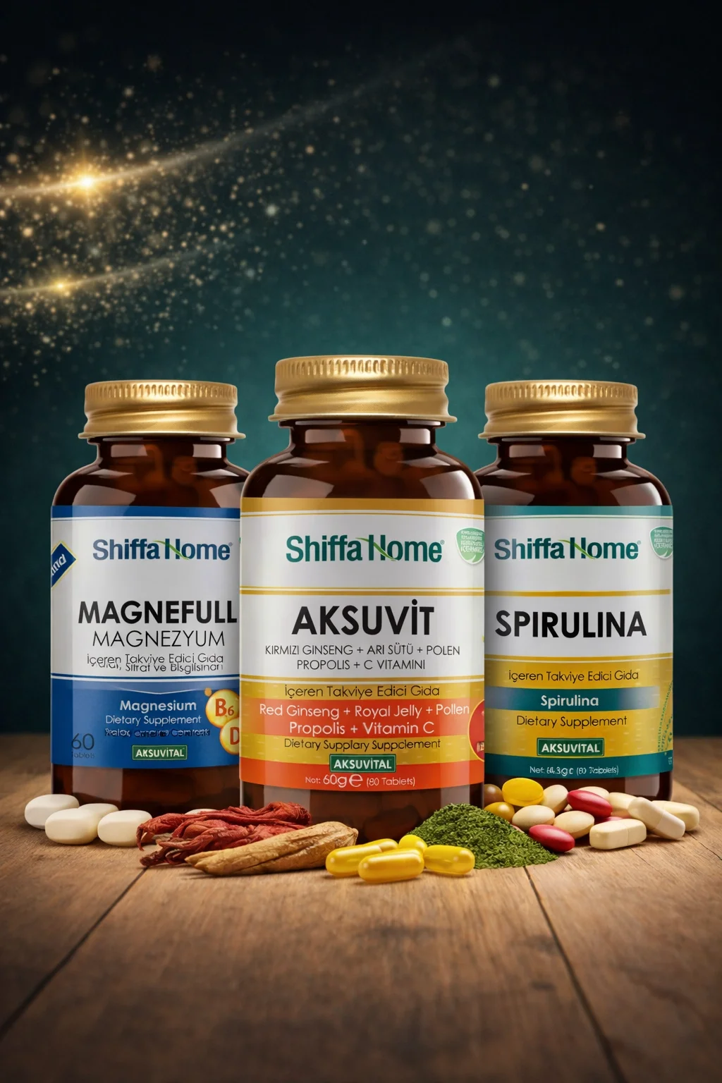 ShiffaHome Enerji Arkadaşları Set 1 Magnefull Magnezyum 60 tablet + Aksuvit 60 tablet + Spirulina 60 tablet