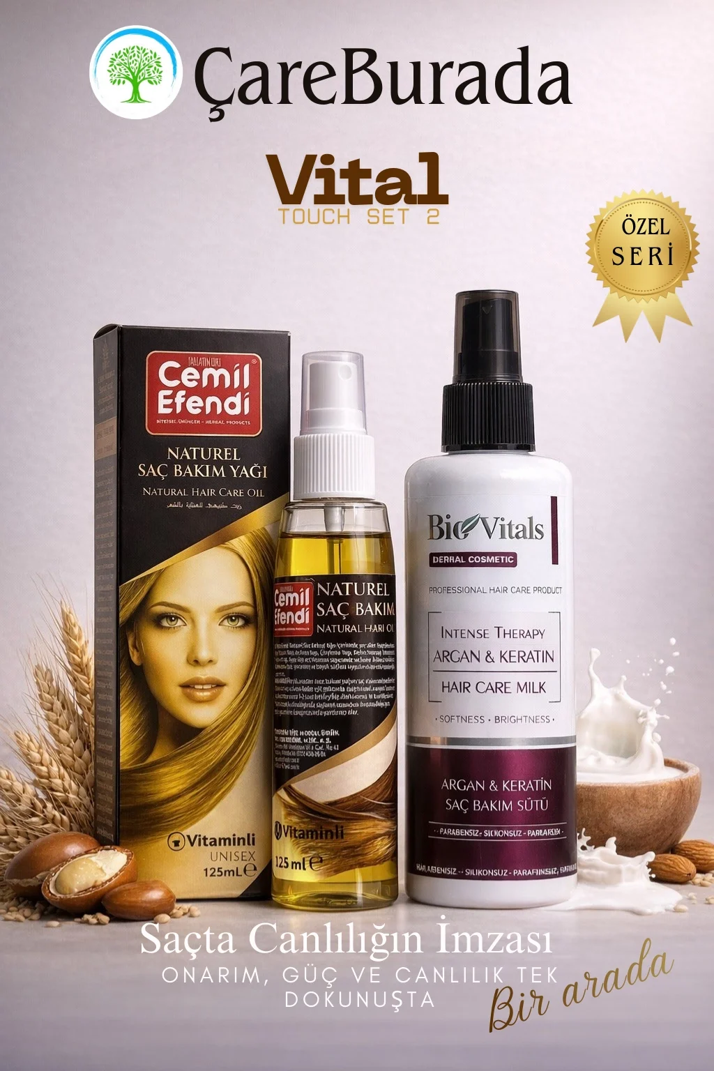 ÇareBurada Vital Touch Set 2 - CemilEfendi Saç Bakım Yağı 125 ml + BioVitals Argan & Keratin Saç Bakım Sütü