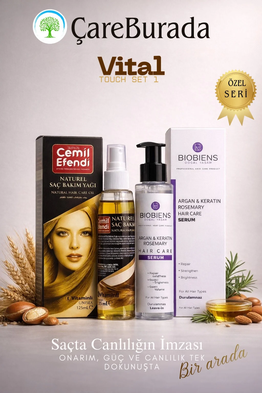 Vital Touch Set 1 - Cemil Efendi Naturel Saç Bakım Yağı 125 ml + Biobiens Argan & Keratin Saç Bakım Sütü