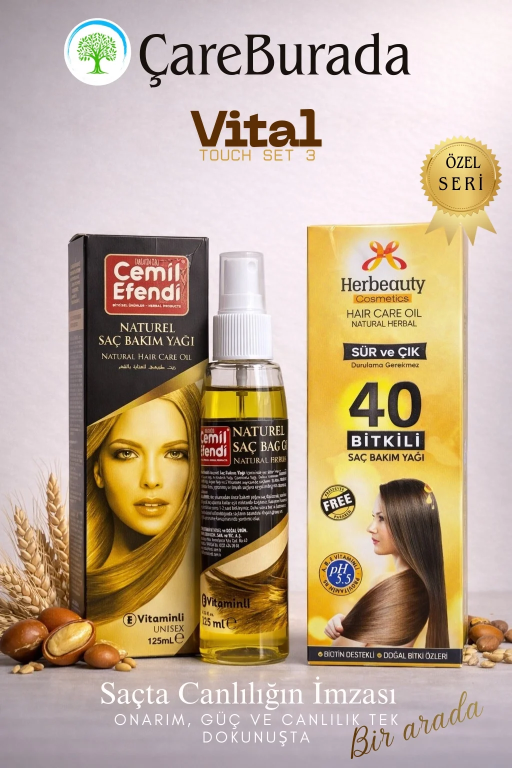 ÇareBurada Vital Touch Set 3 - CemilEfendi Saç Bakım Yağı 125 ml +Herbeauty 40 Bitkili Saç Bakım Yağı Durulanmayan