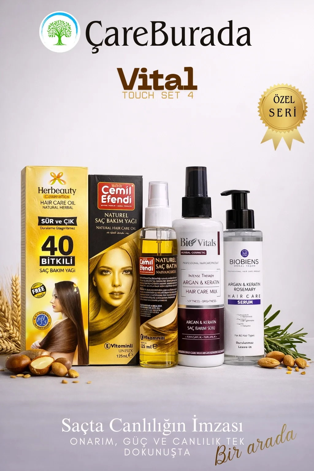 ÇareBurada Vital Touch Set 4 - CemilEfendi Saç Bakım Yağı 125 ml + BioVitals Argan & Keratin Saç Bakım Sütü + Biobiens Argan&Keratin&Biberiye Saç Bakım Serumu+ 40 Bitkili Saç Bakım Yağı Herbauty