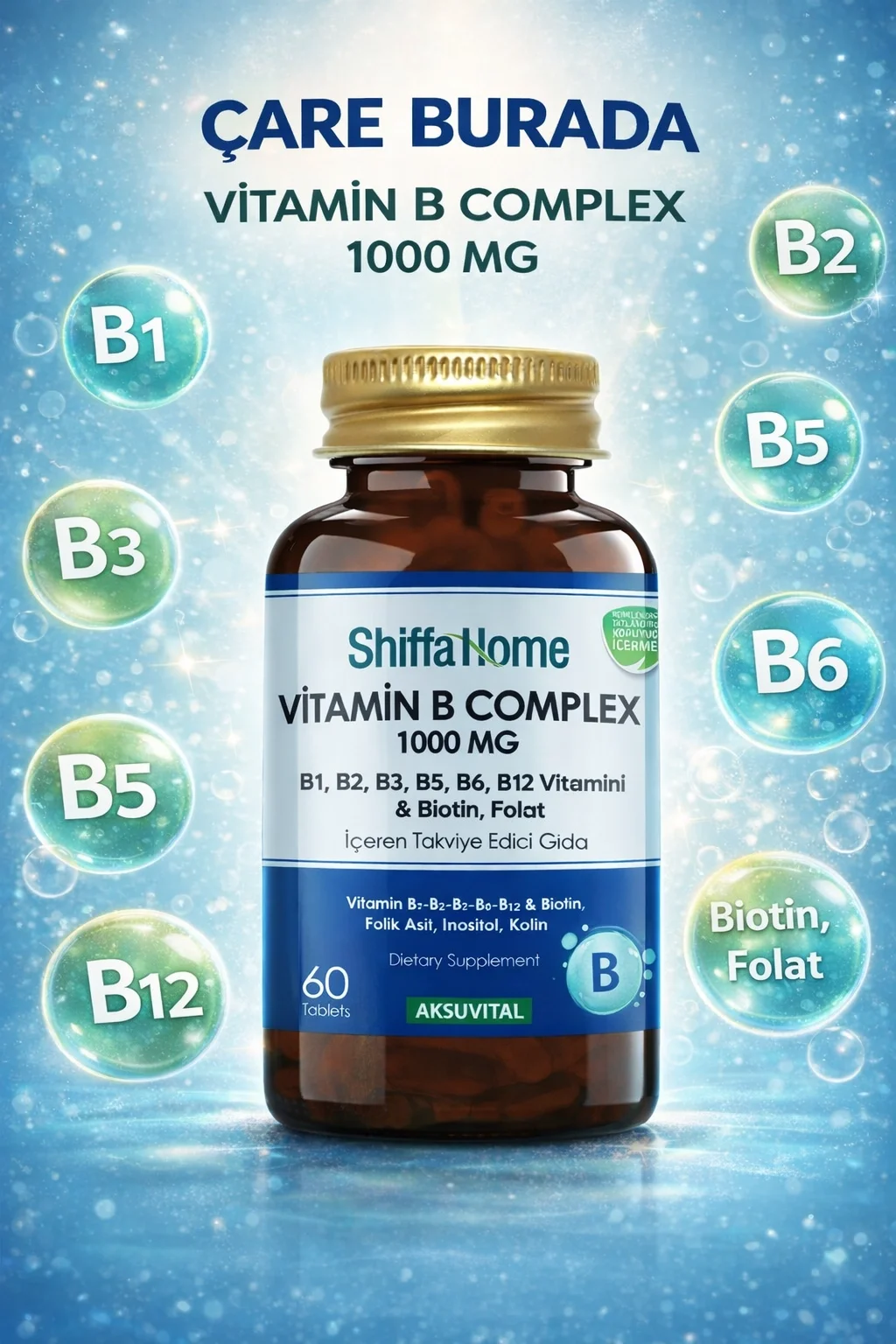 ÇareBurada B Complex Kapsül 1000 mg 60 Kapsül (Biotin, Folat, Kolin, Vitamin B1, B2, B3, B5, B6, B12)