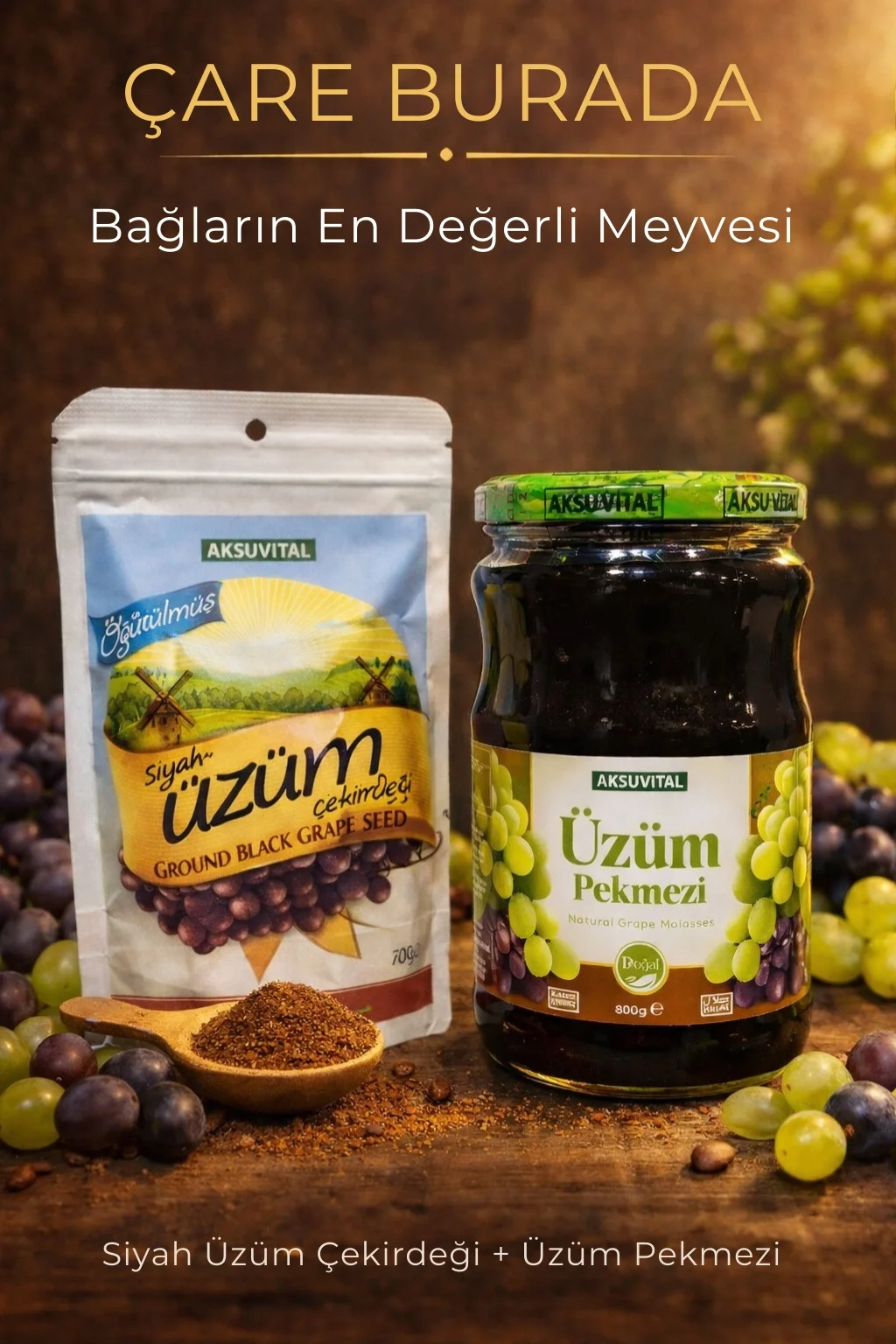 AKSUVITAL Üzüm Pekmezi 800 g + Öğütülmüş Siyah Üzüm Çekirdeği 100 g