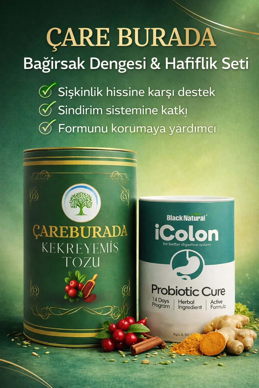 ÇareBurada Bağırsak Dengesi & Hafiflik Seti Kekreyemiş Tozu 8 g x 20 stick + iColon Probiyotik 240 G