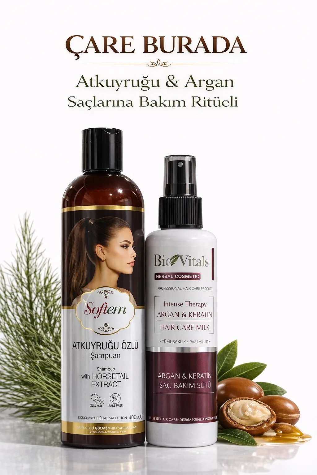 ÇareBurada Atkuyruğu Özlü Şampuan 400 ml + BioVitals Argan Keratin Saç Bakım Sütü 250 ml