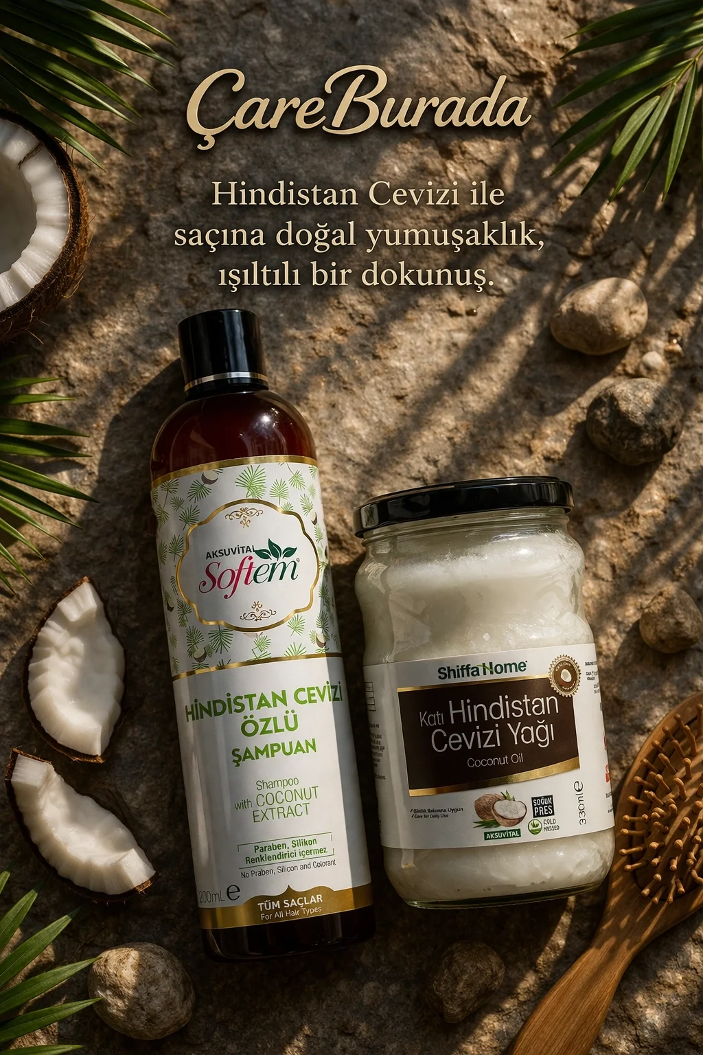 ÇareBurada Hindistan Cevizi Özlü Şampuan 400 ml + Katı Hindistan Cevizi Yağı 330 ml