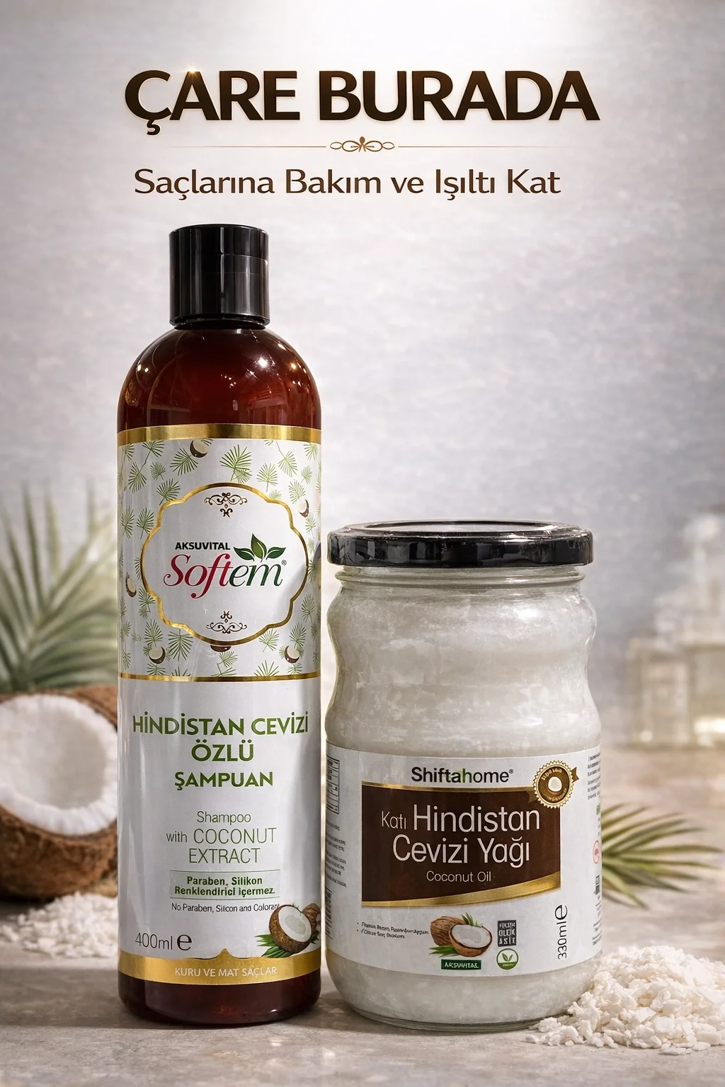 ÇareBurada Hindistan Cevizi Özlü Şampuan 400 ml + Katı Hindistan Cevizi Yağı 330 ml