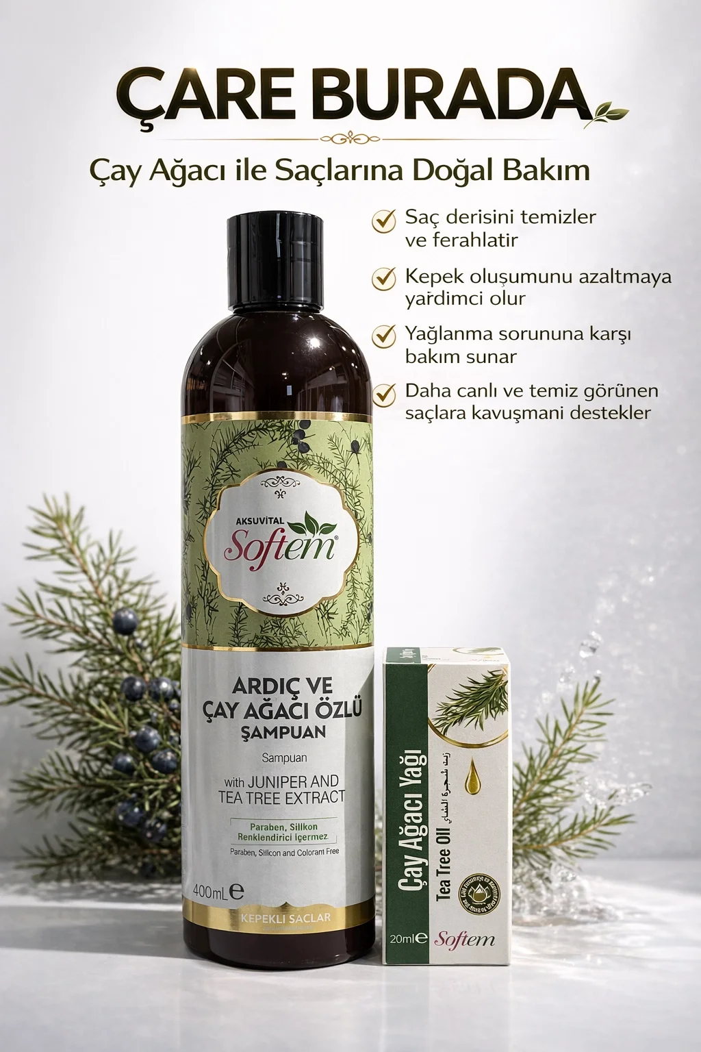 ÇareBurada Ardıç ve Çay Ağacı Özlü Şampuan 400 ml + Çay Ağacı Yağı 20 ml