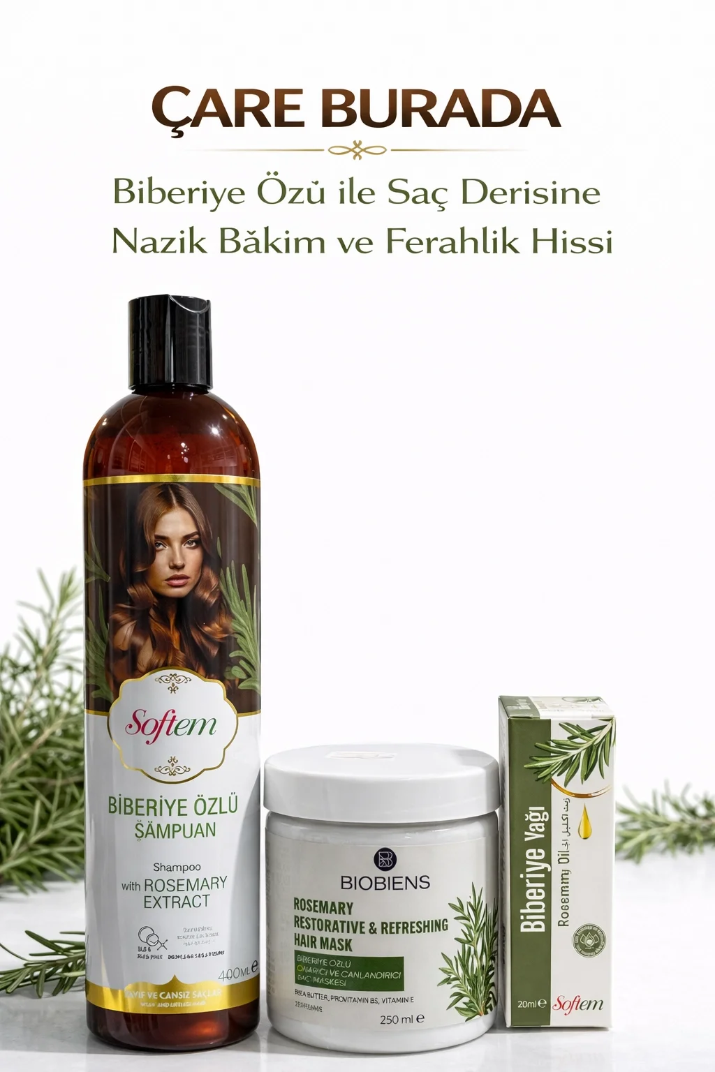 ÇareBurada Biberiye Özlü Şampuan 400 ml + Bıobıens Biberiye Saç Maskesi 250 ml + Biberiye Yağı 20 ml