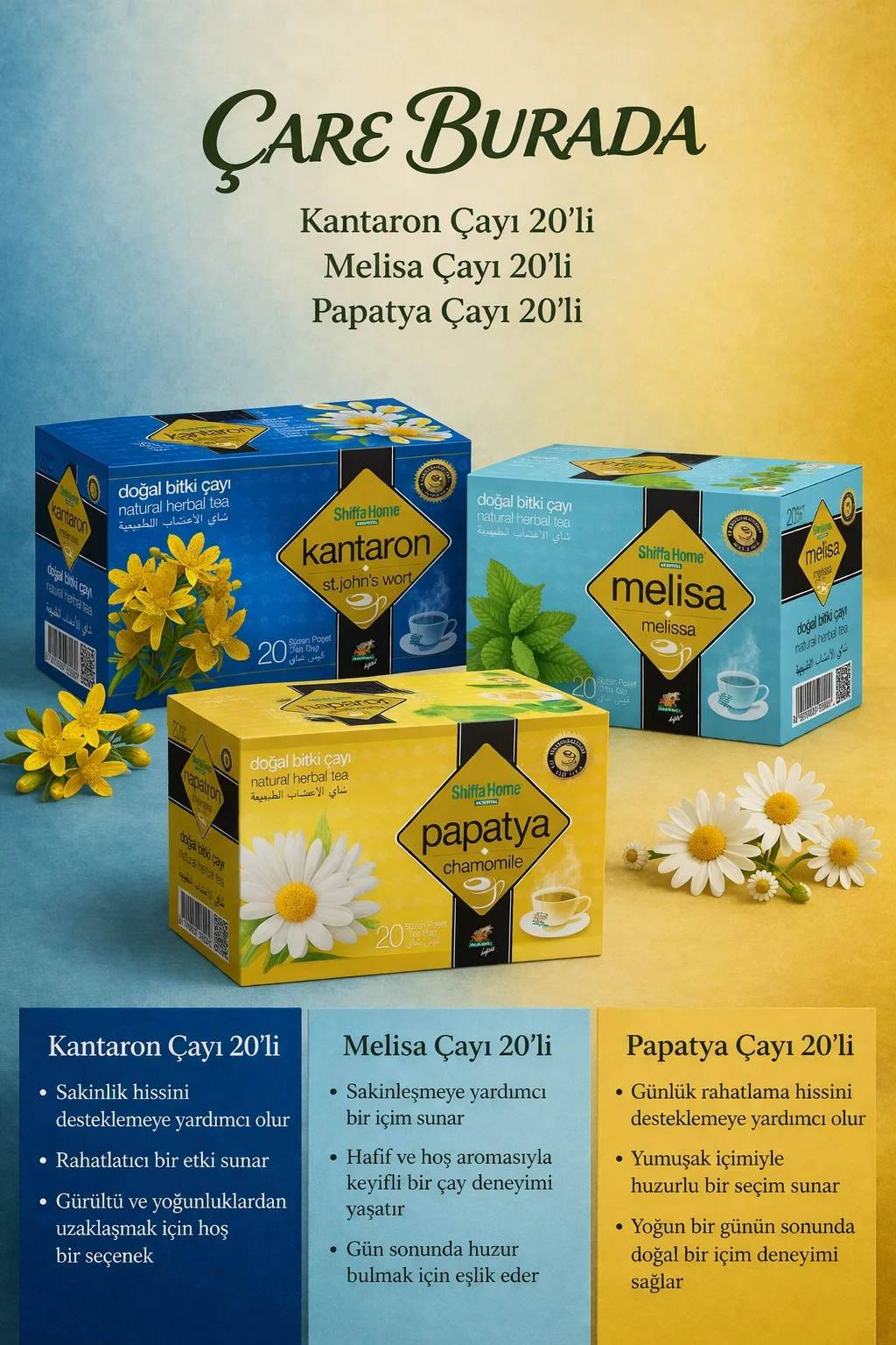 Rahat Uyku ve Anti-Stres Çay Seti (Melisa Çayı 20'li & Kantaron Çayı 20'li & Papatya Çayı 20'li)