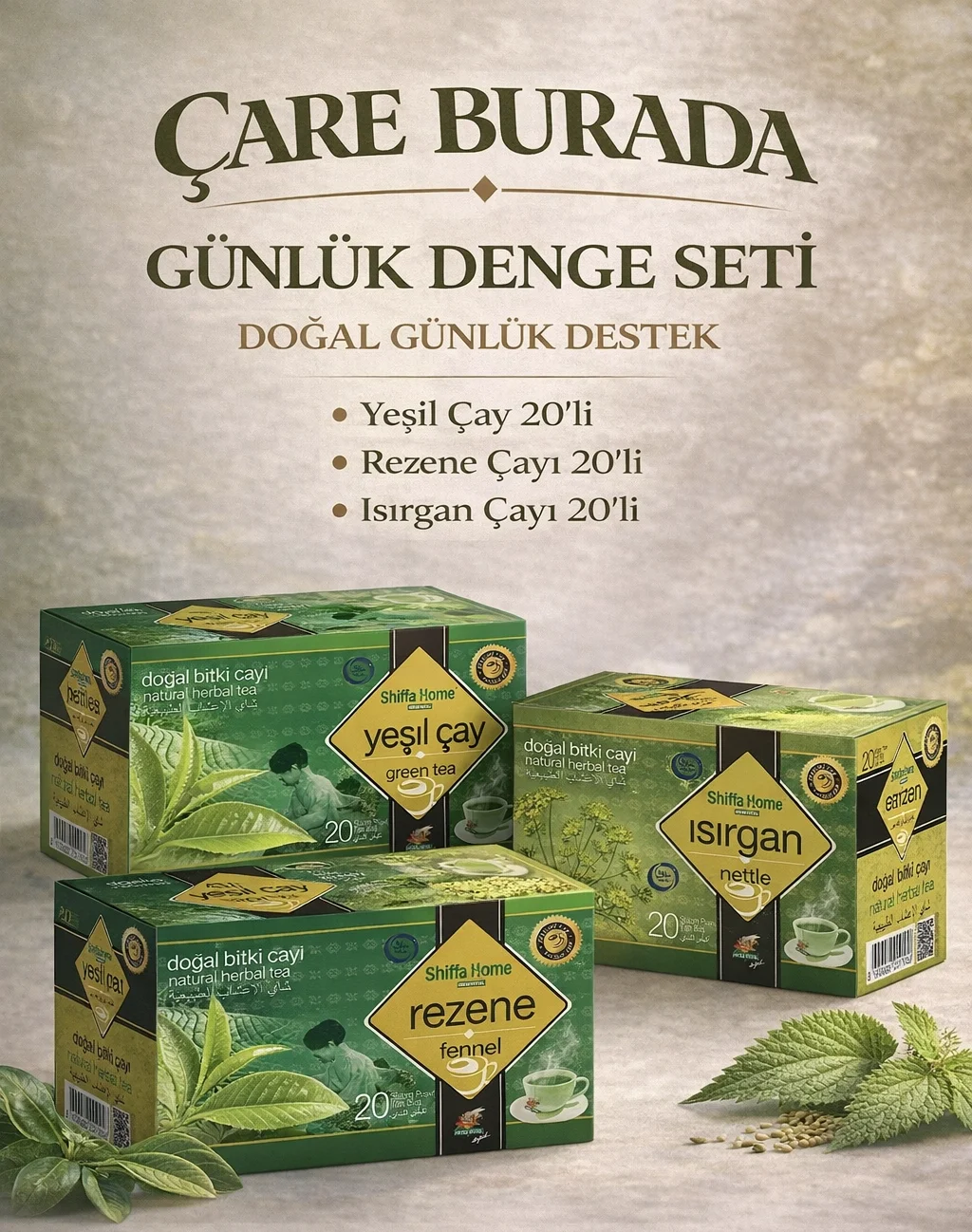 Günlük Denge Çay Seti (Rezene Çayı 20'li & Yeşil Çay 20'li & Isırgan Çayı 20'li)