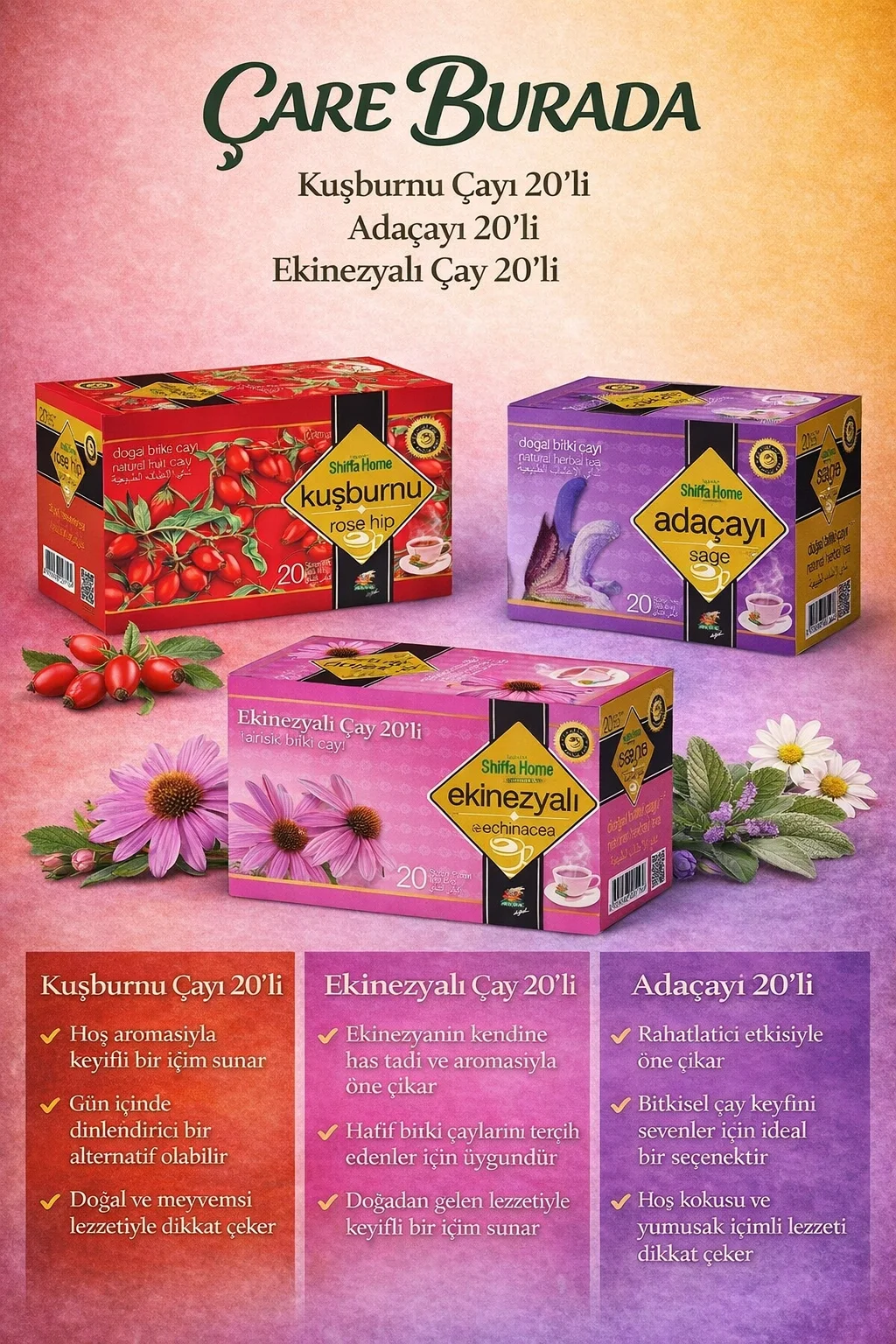 Kışa Hazırlık Çay Seti (Ekinezya Çayı 20'li & Kuşburnu Çayı 20'li & Adaçayı 20'li)