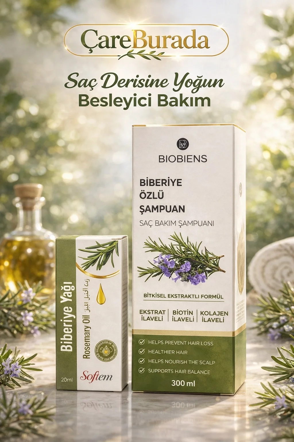 ÇareBurada Biberiye Özlü Şampuan 300 ml. & Biberiye Yağı 20 ml.