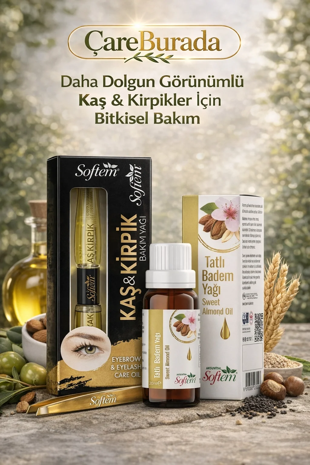 Softem Kaş&Kirpik Bakım Yağı 20 ml. + Tatlı Badem Yağı 20 ml. | Kaş Kirpik Bakım Seti