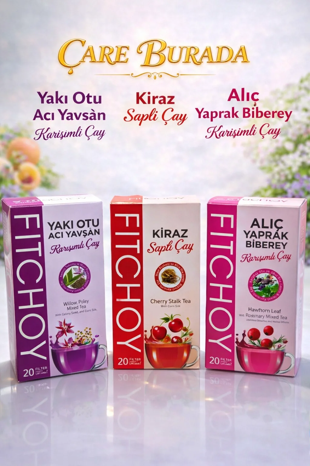 Şişkinlik Hafifletici Çay Seti (Kiraz Sapı Çayı 45'li & Alıç - Biberiye Çayı 45'li & Acı Yavşan - Yakı Otu Çayı 45'li)