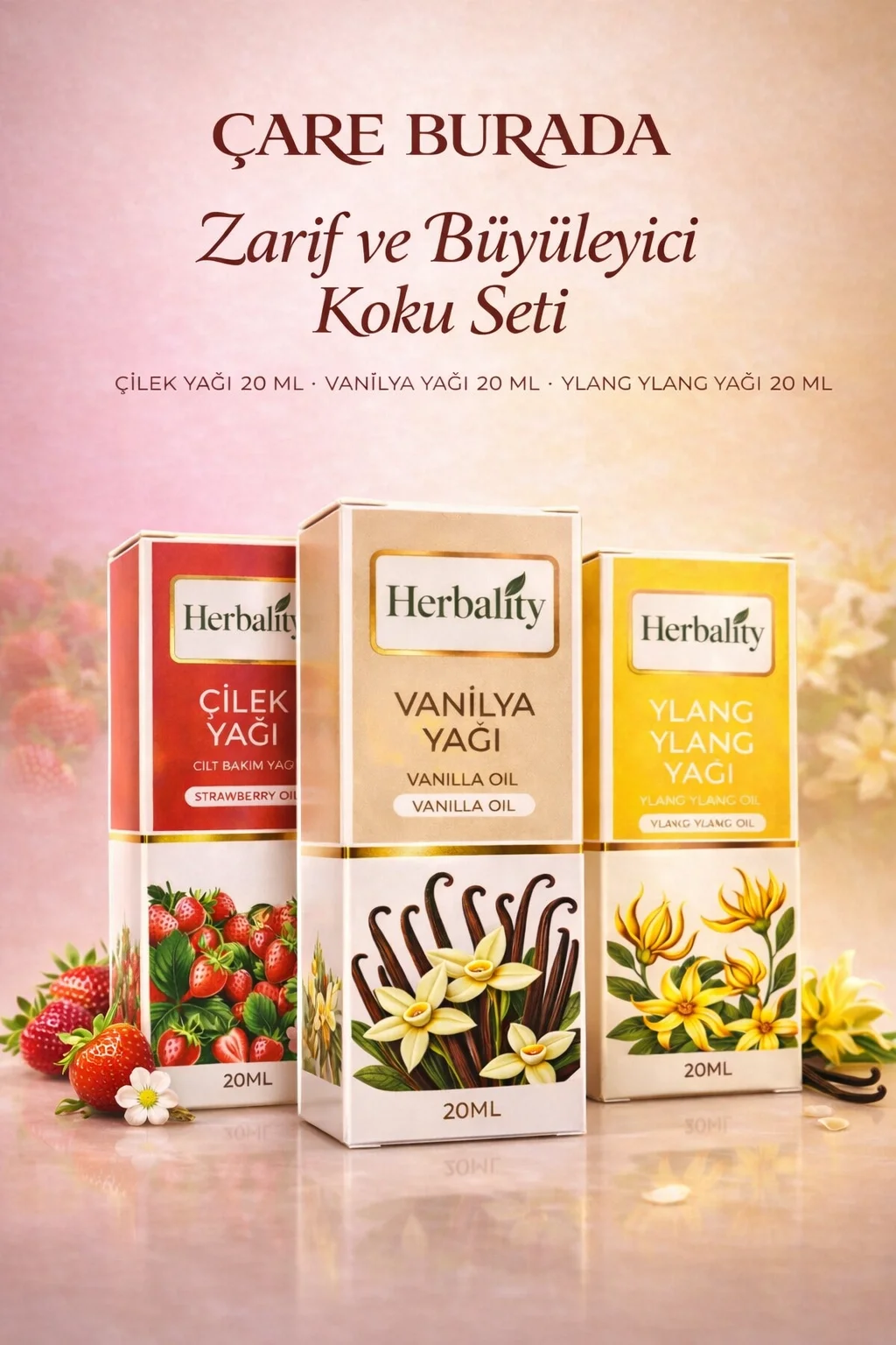 Zarif ve Büyüleyici Koku Seti (Çilek Yağı & Vanilya Yağı & Ylang Ylang Yağı)