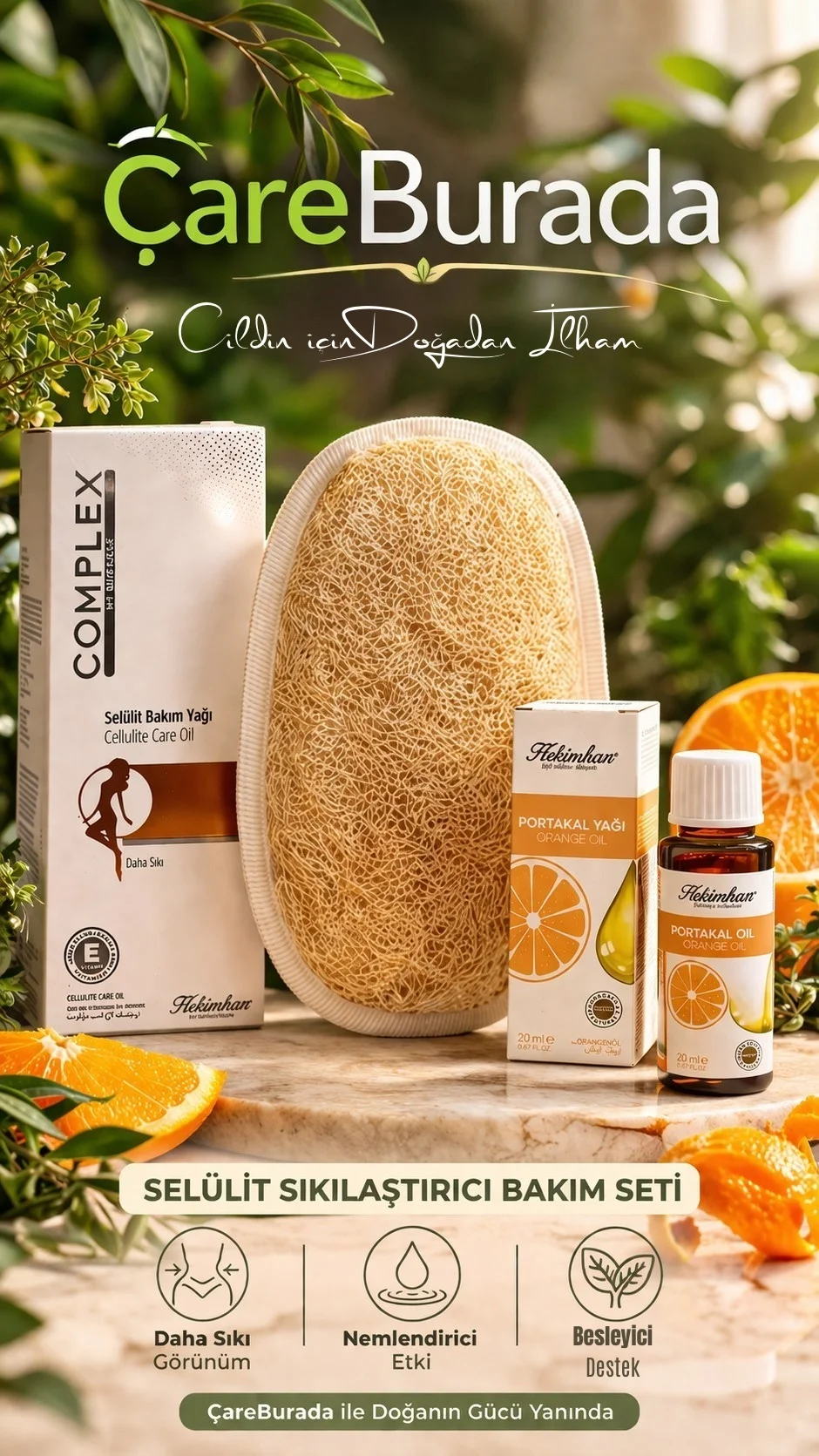 ÇareBurada Selülit Bakım Seti | Portakal Yağı 20 ml. & Selülit Bakım Yağı 125 ml. & Kabak Lifi | Sıkılaştırıcı ve Nem Destekleyici Bakım