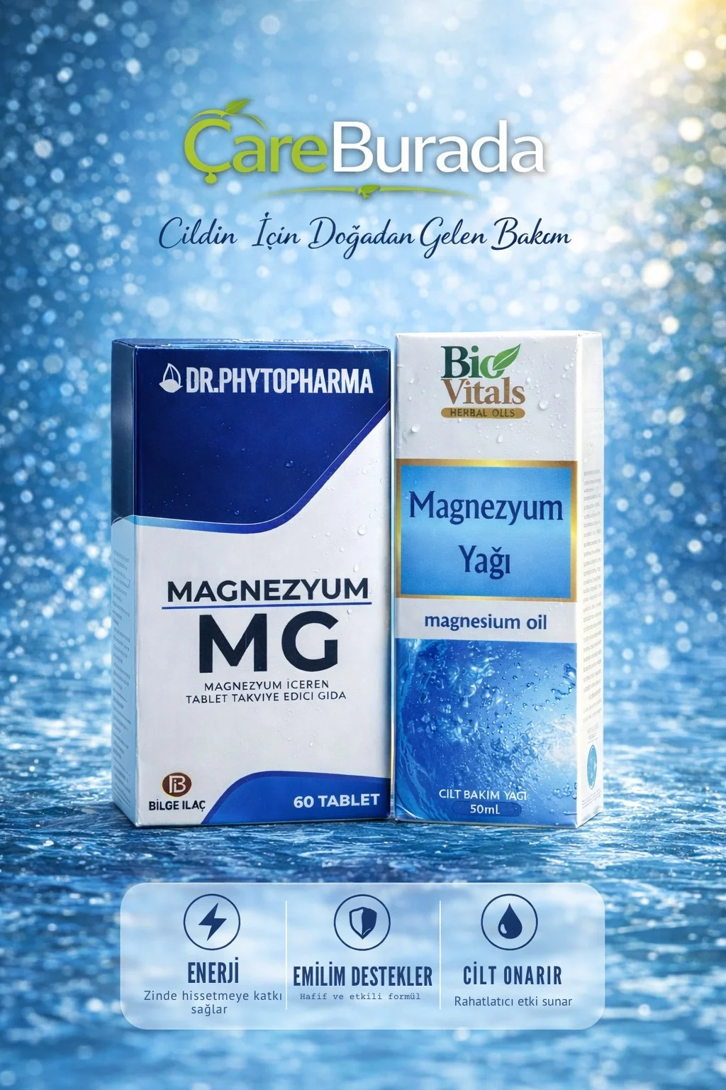 ÇareBurada Magnezyum Set | Magnezyum Tablet 60 Tablet & Magnezyum Yağı 50 ml.