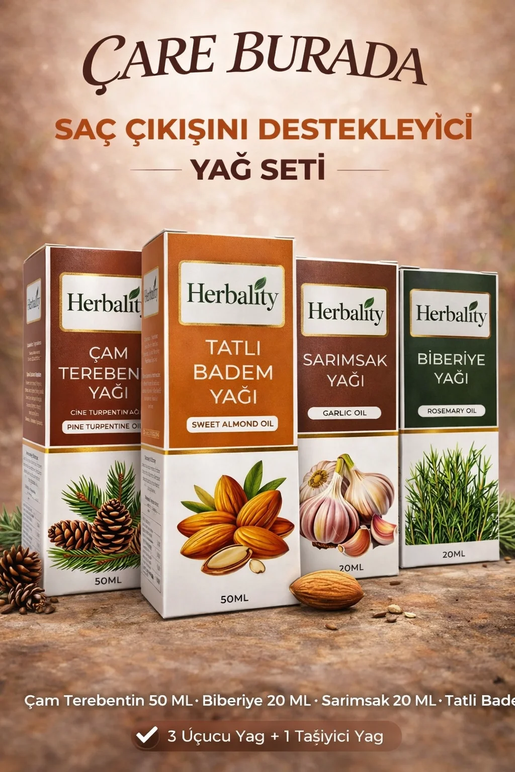 Saç Çıkışını Destekleyici Yağ Seti (Sarımsak Yağı & Biberiye Yağı & Çam Terebentin Yağı & Tatlı Badem Yağı)