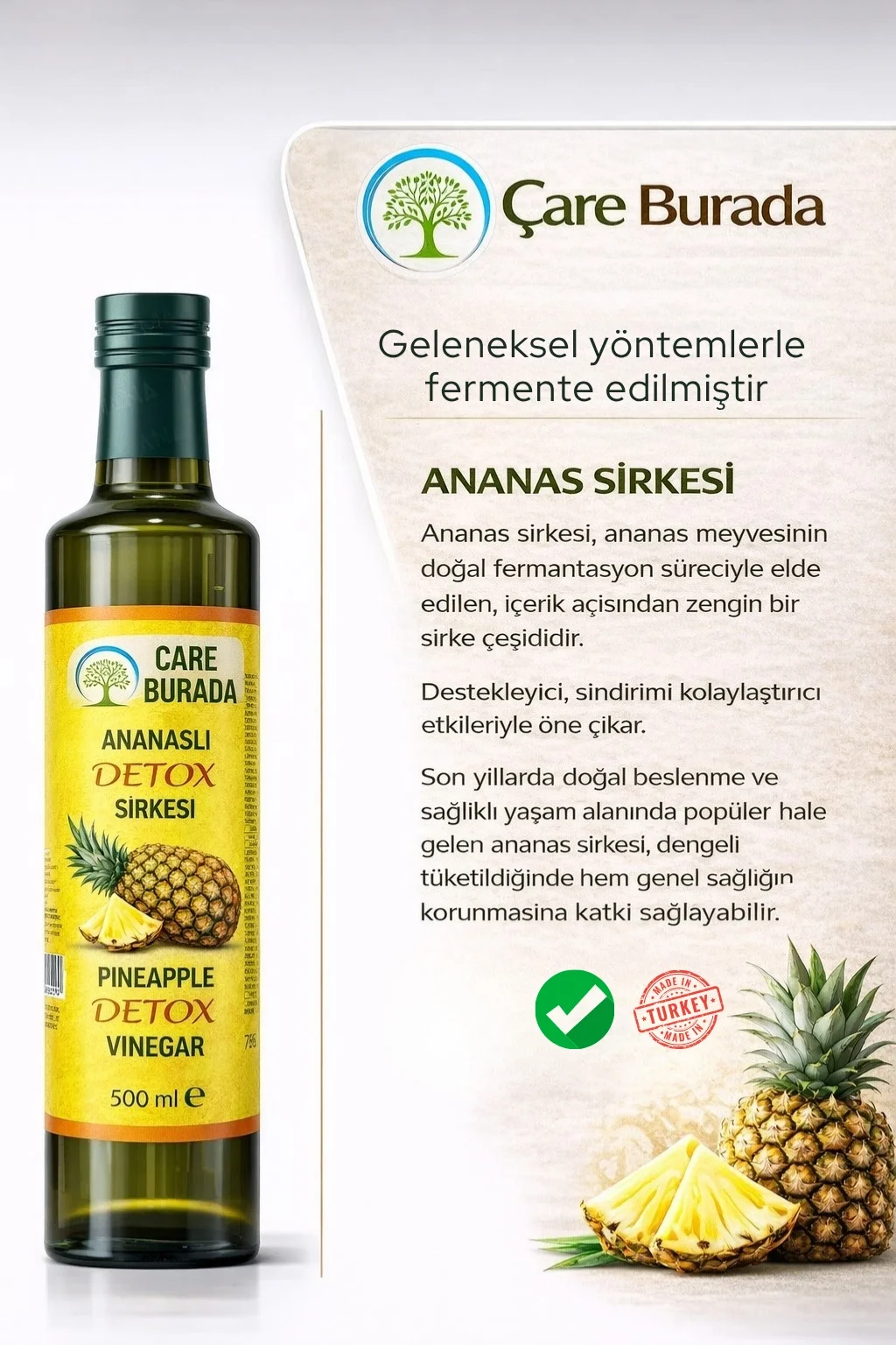 ÇareBurada Ananaslı Detox Sirke 500 ml | Formunu Korumaya Destek & Günlük Kullanıma Uygun