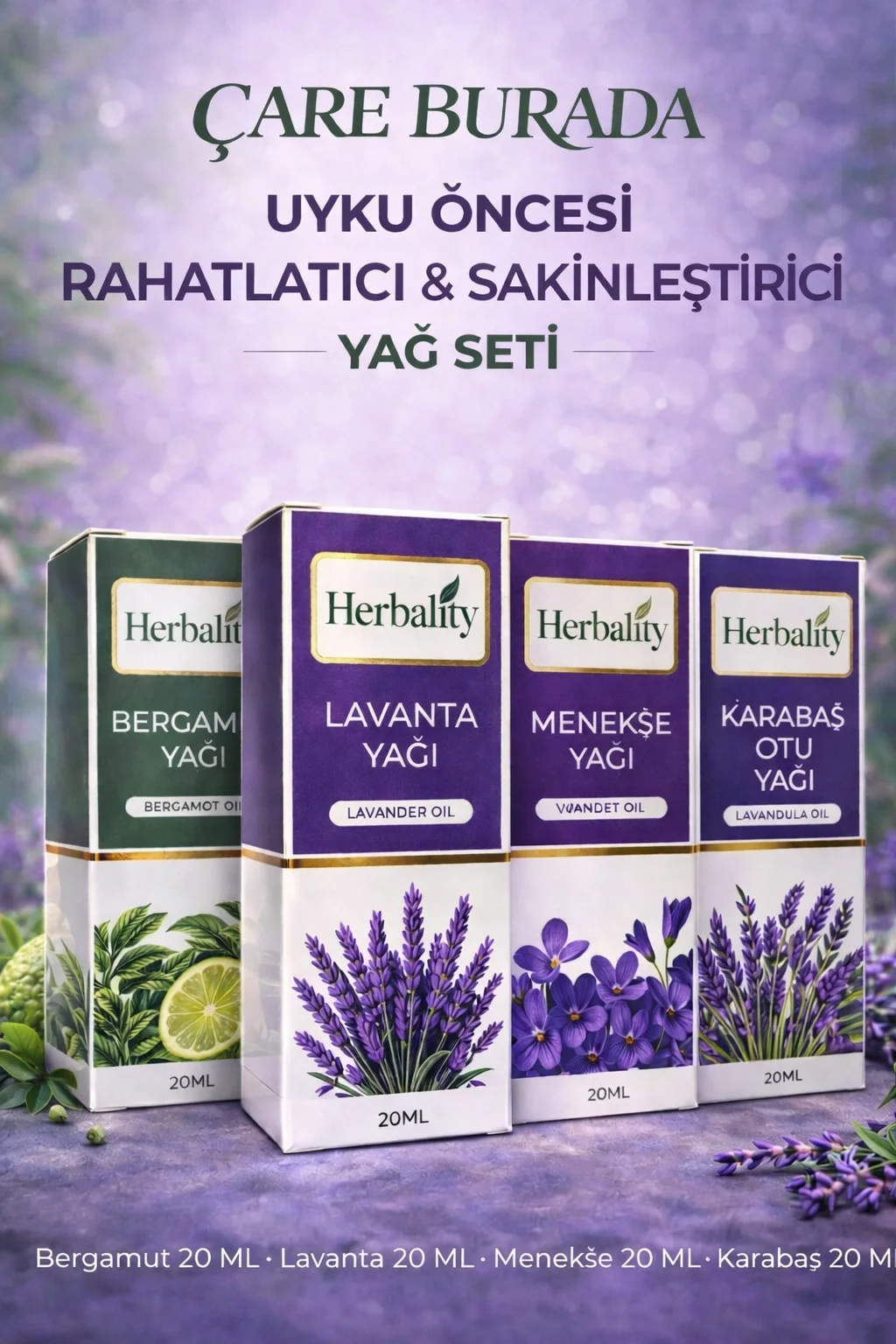 Sakinleştirici ve Uyku Öncesi Rahatlatıcı Yağ Seti (Bergamut Yağı & Lavanta Yağı & Karabaş Yağı & Menekşe Yağı)