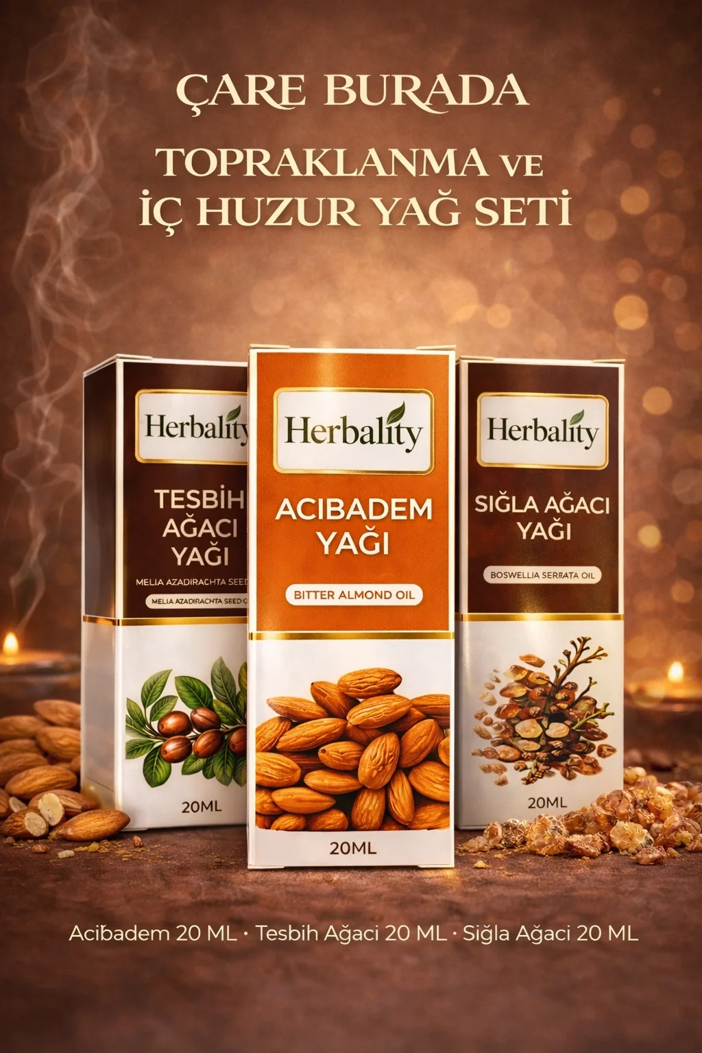 Topraklanma ve İç Huzur Yağ Seti (Acıbadem Yağı & Sığla Ağacı Yağı & Tesbih Ağacı Yağı)