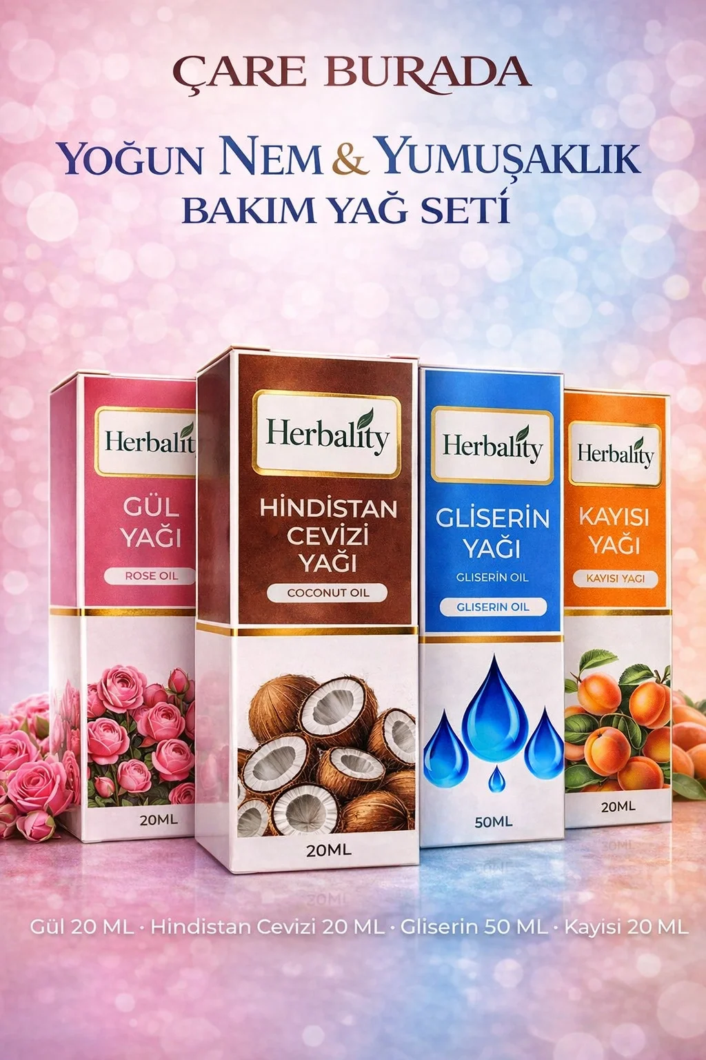 Yoğun Nem & Yumuşaklık Bakım Yağ Seti (Kayısı Yağı & Hindistan Cevizi Yağı & Gül Yağı & Gliserin)