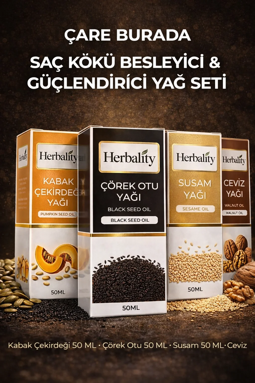 Saç Kökü Besleyici ve Güçlendirici Yağ Seti (Kabak Çekirdeği Yağı & Susam Yağı & Çörek Otu Yağı & Ceviz Yağı)