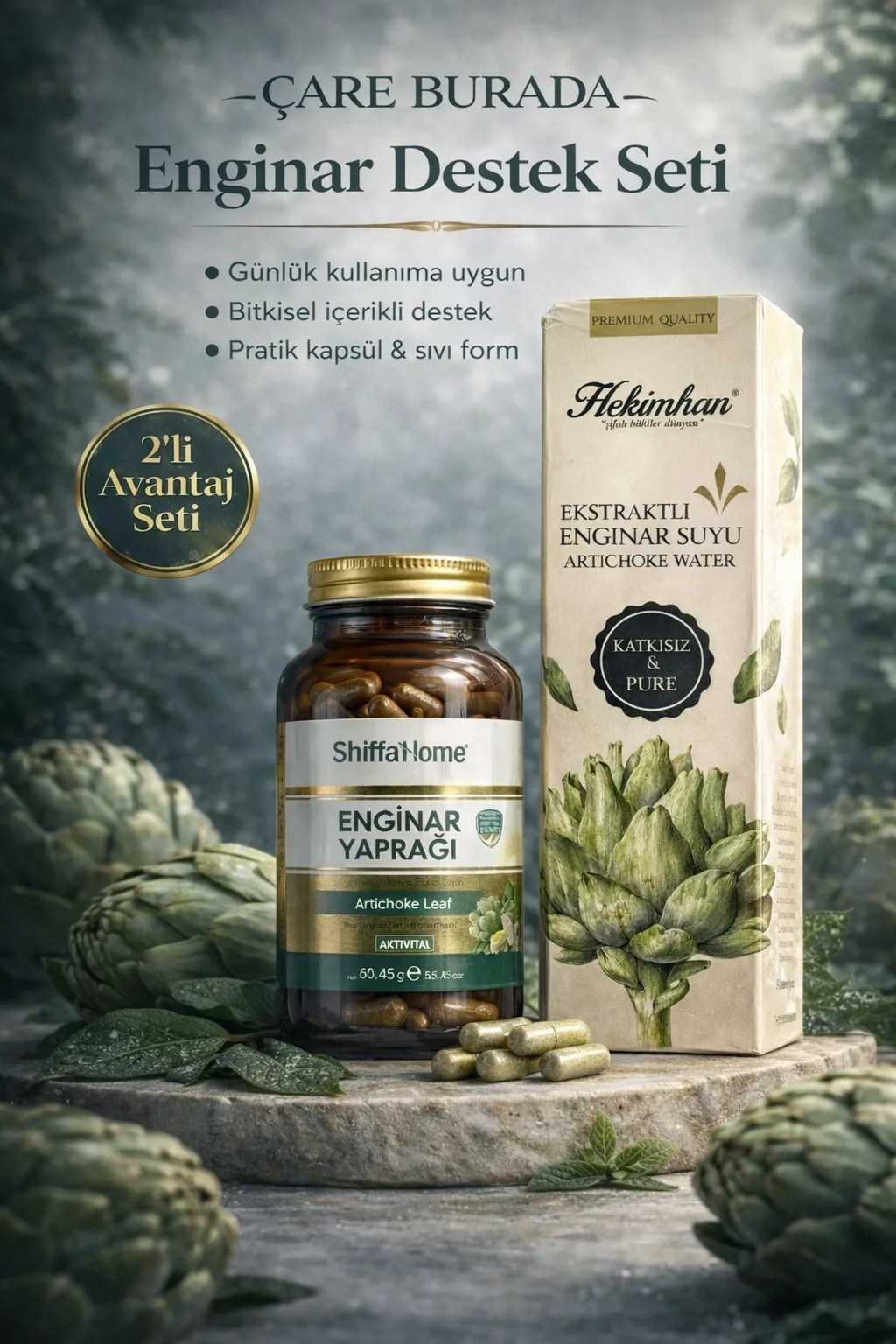 ÇareBurada Enginar Destek Seti | Enginar Suyu 500 ml & Enginar Kapsül ( 60 Kapsül )