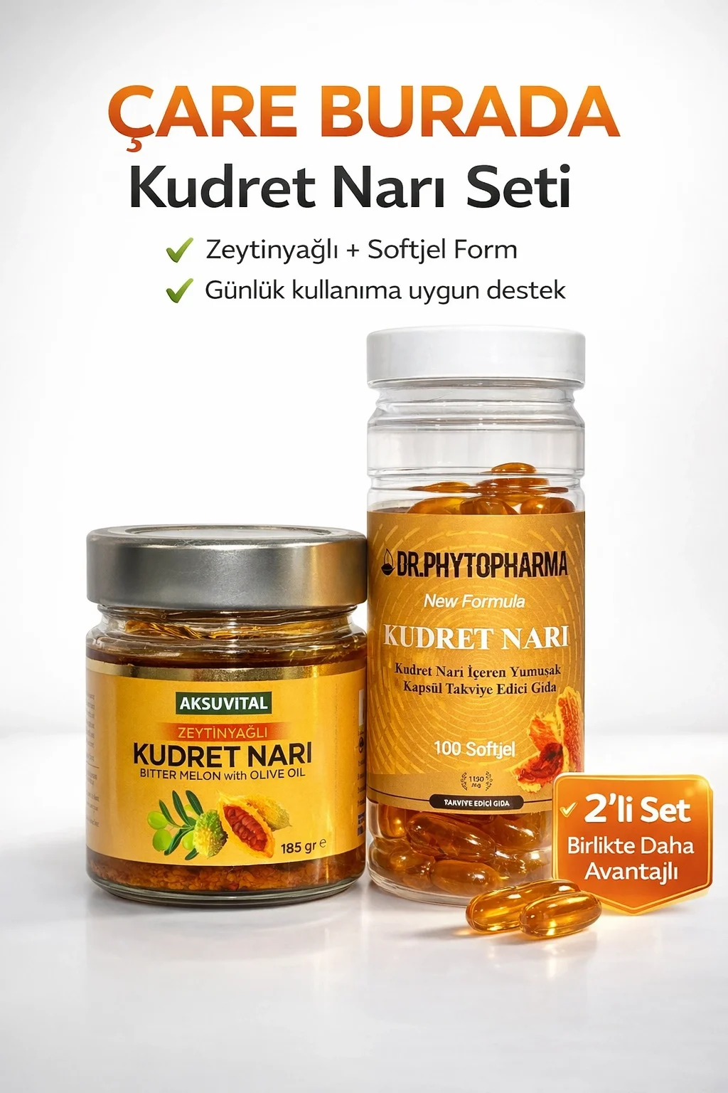 ÇareBurada Kudret Narı Set | Zeytin Yağlı Kudret Narı 185 gr & Kudret Narı 100 Softjel