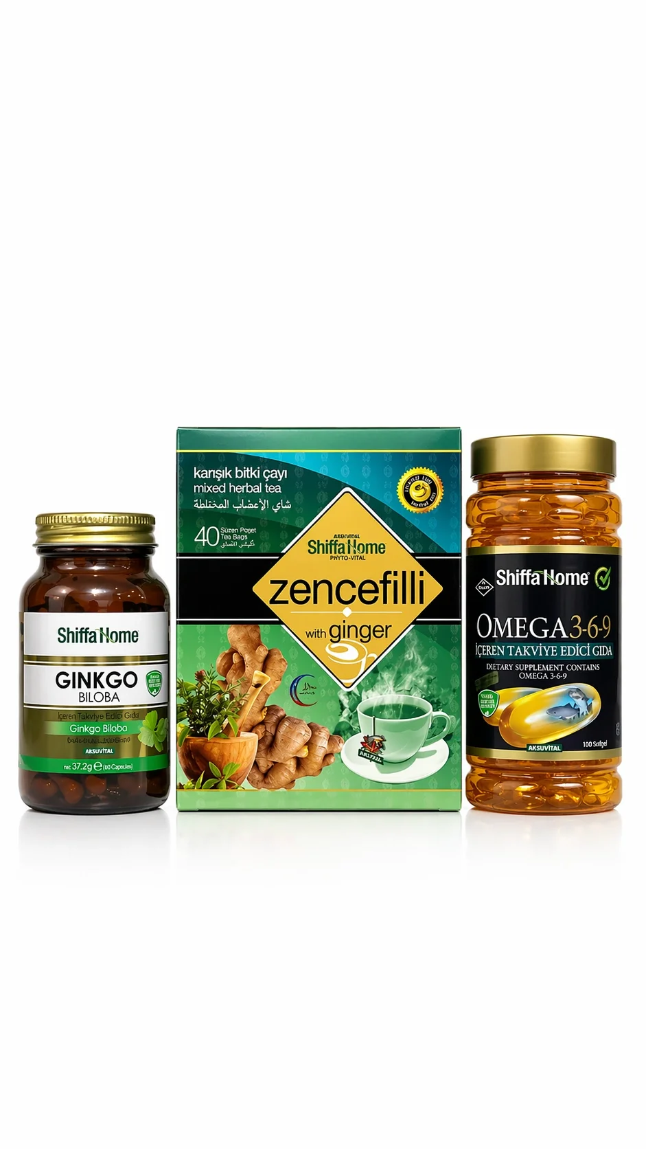 ÇareBurada Zihin Seti | Ginkgo Biloba 60 Kapsül & Zencefilli Çay 40 Poşet & Omega 3-6-9 Softjel