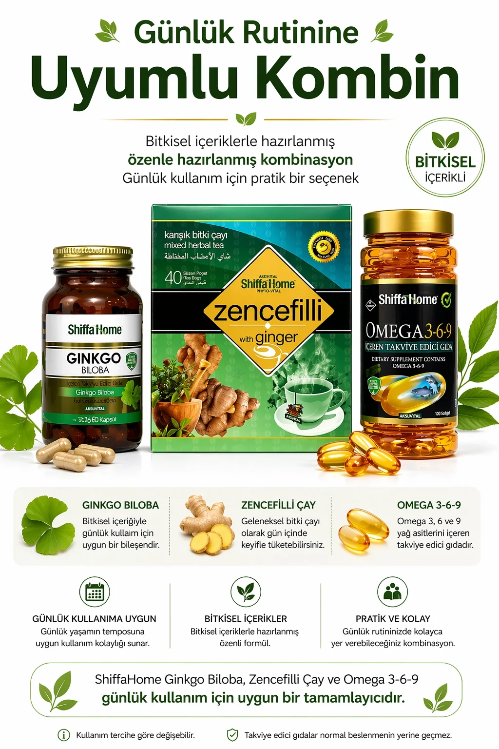 ÇareBurada Zihin Seti | Ginkgo Biloba 60 Kapsül & Zencefilli Çay 40 Poşet & Omega 3-6-9 Softjel