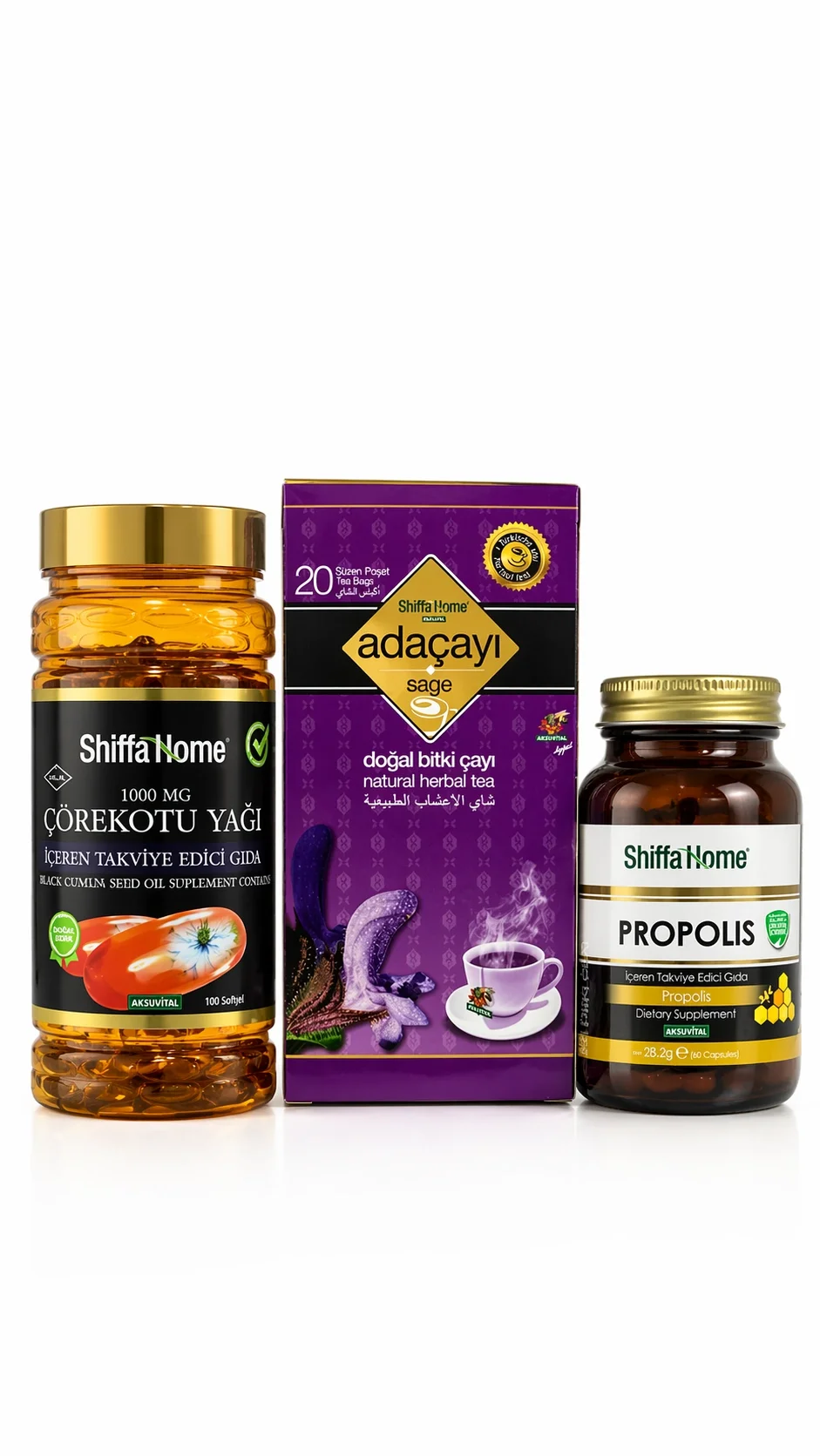 ÇareBurada Günlük Rutin Destek Seti | Çörekotu Yağı 100 Softjel & Adaçayı 20 Poşet Çay & Propolis Kapsül 60 Kapsül