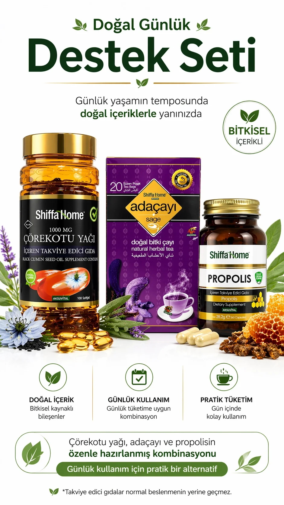 ÇareBurada Günlük Rutin Destek Seti | Çörekotu Yağı 100 Softjel & Adaçayı 20 Poşet Çay & Propolis Kapsül 60 Kapsül