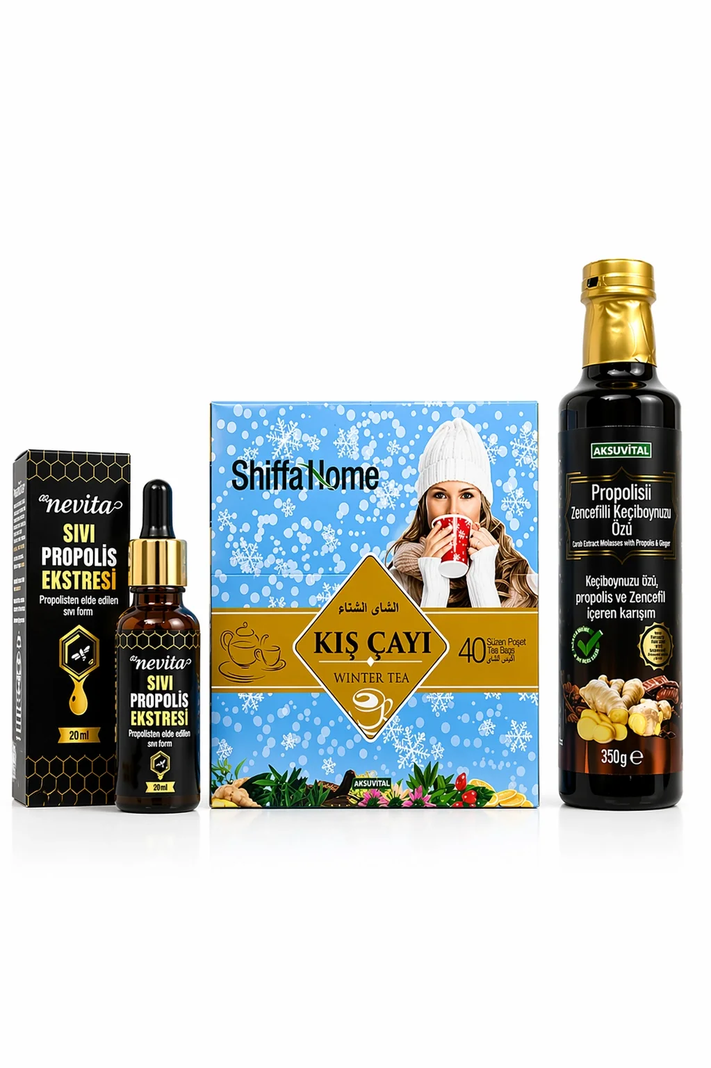 ÇareBurada Kış Seti | Propolis 20 ml & Kış Çayı 40 Poşet & Propolisli Zencefilli Keçi Boynuzu Özü 350 g