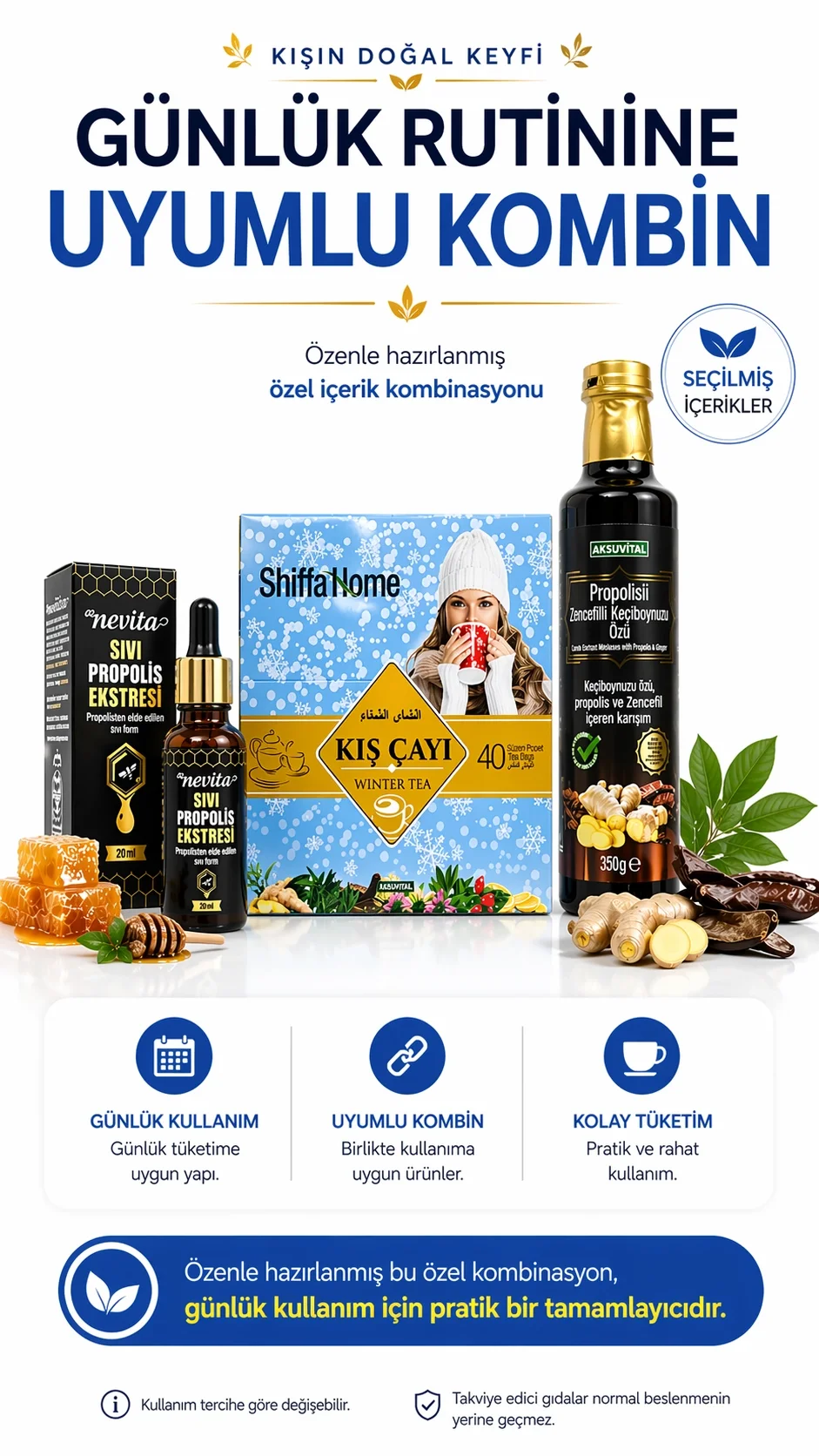 ÇareBurada Kış Seti | Propolis 20 ml & Kış Çayı 40 Poşet & Propolisli Zencefilli Keçi Boynuzu Özü 350 g