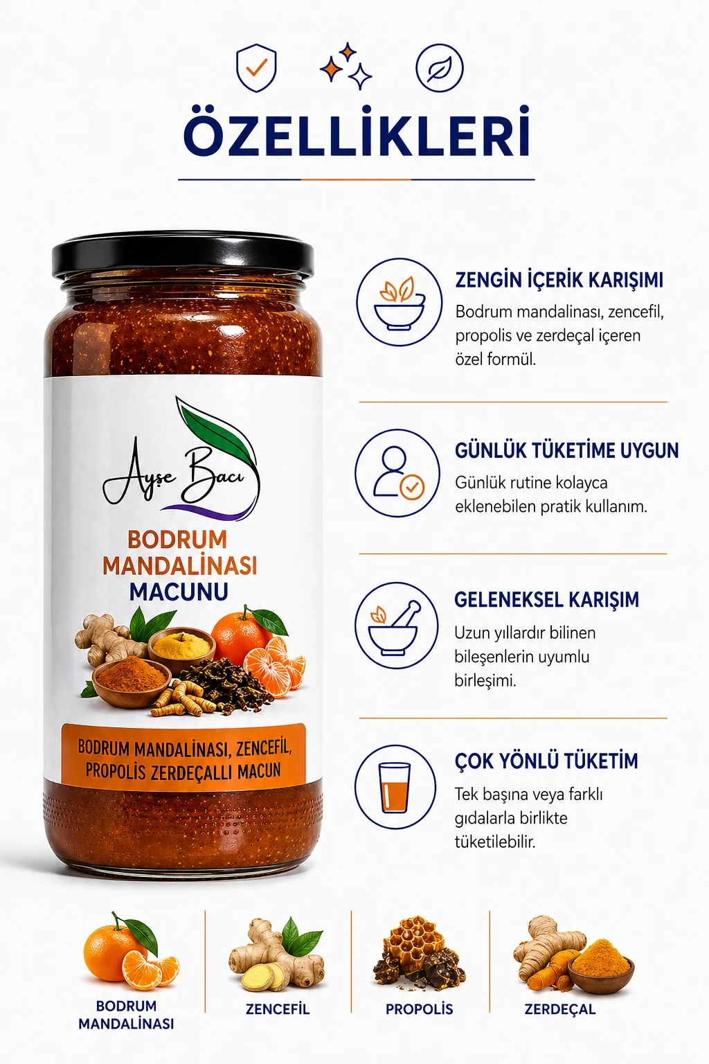 ÇareBurada Bodrum Mandalinası Macunu 610 g - Zencefil, Propolis ve zerdeçal İçeren Karışım