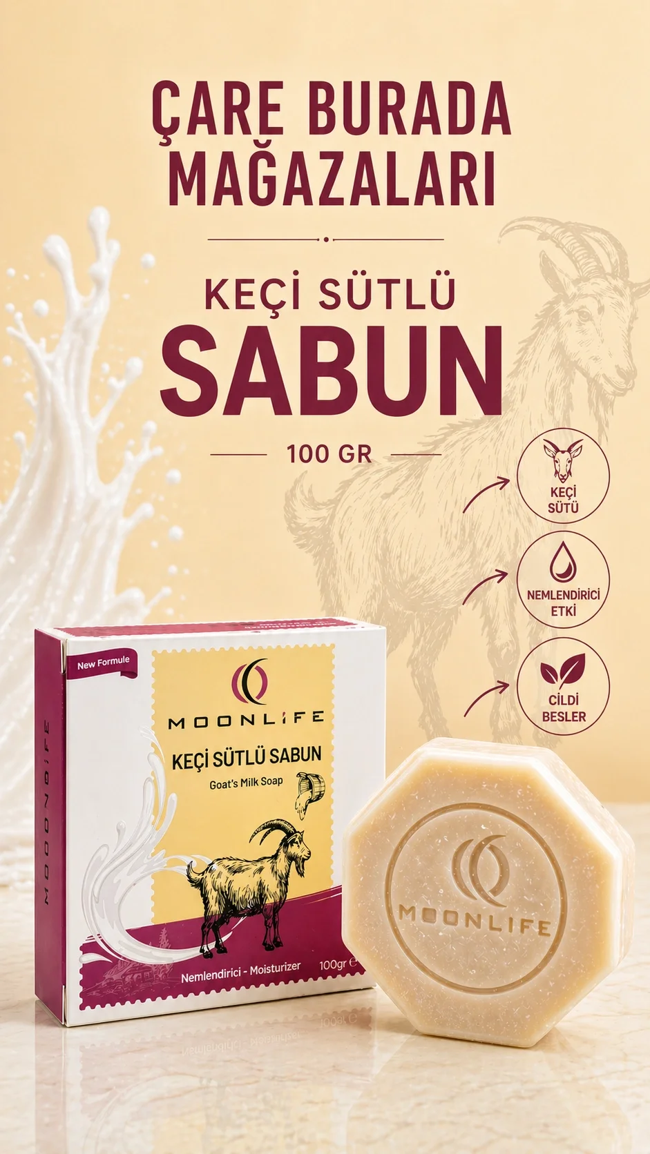 Moonlife - Keçi Sütlü Sabun 100 Gr (Nemlendirici Etkili)