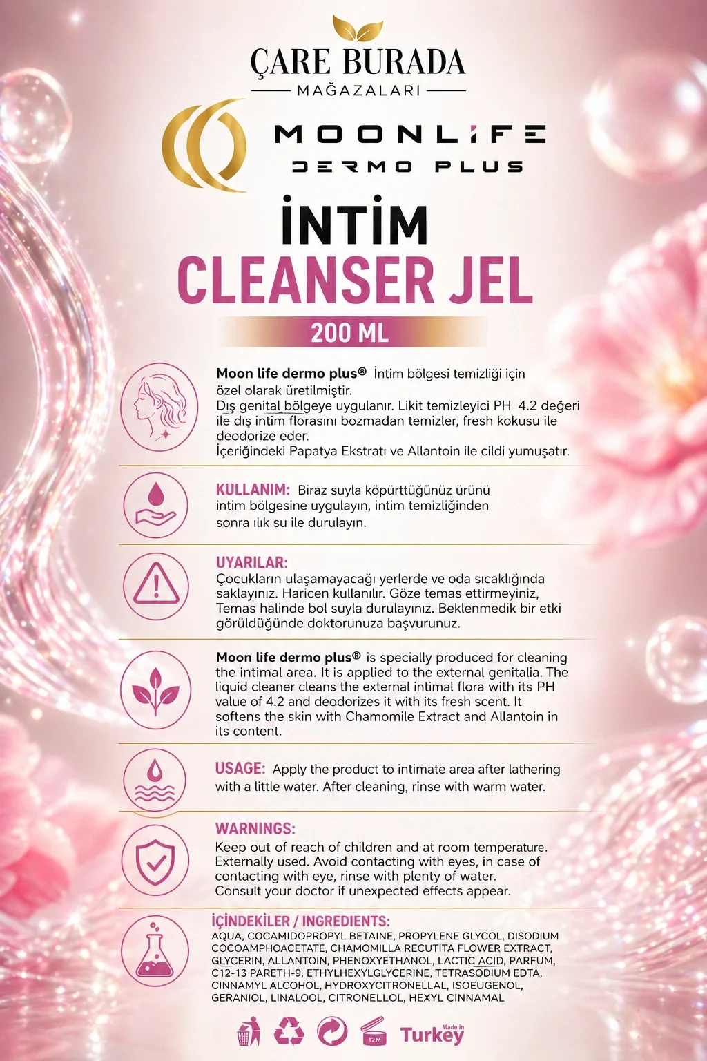 Moonlife - İntim Temizlik Jeli 200 Ml (pH 4.2)