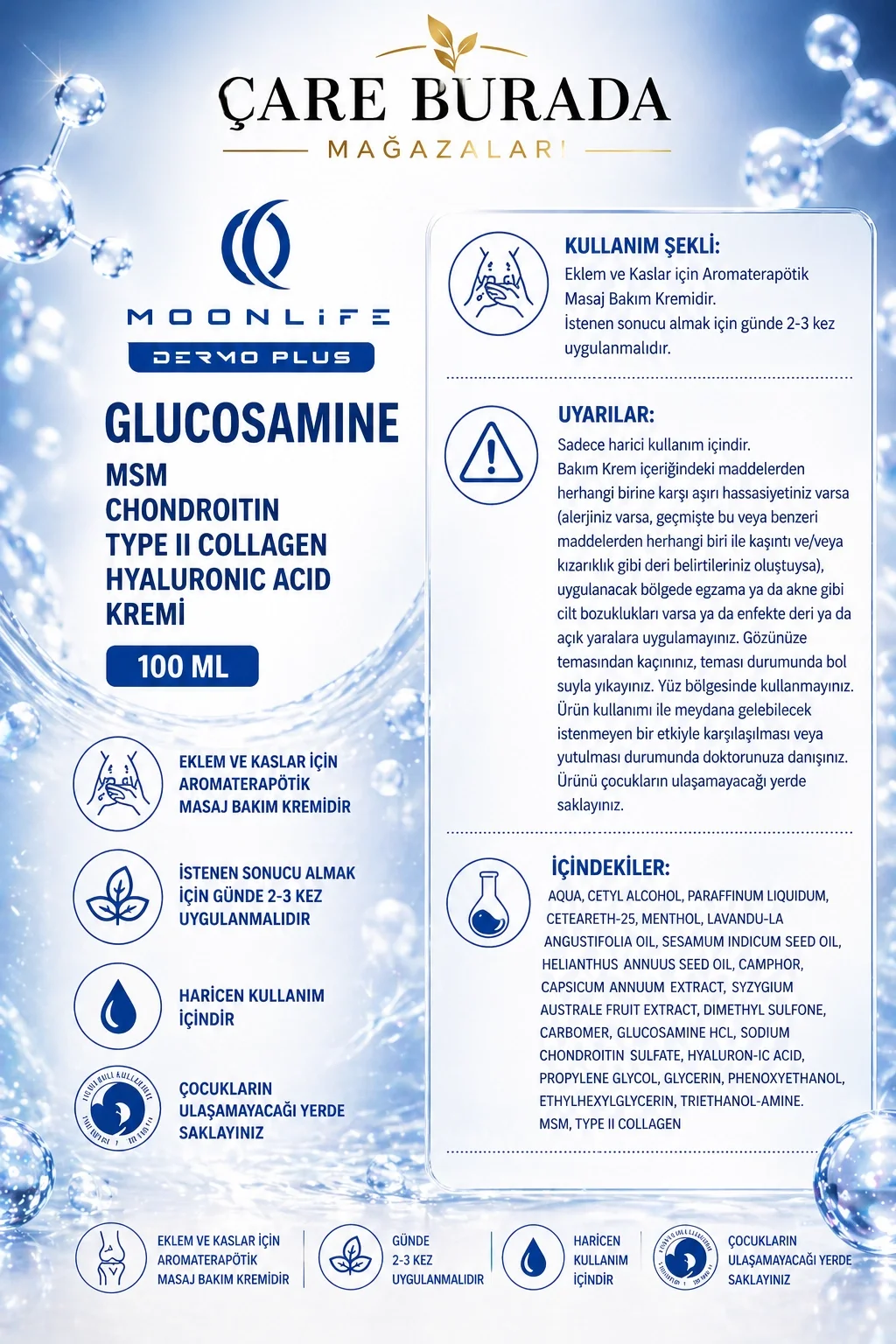 Glukozamin Bakım Kremi 100 Ml (MSM & Chondroitin & Type 2 Kolajen & Hyaluronic Acid)